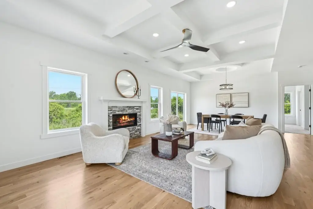 Tess living room with coffered ceiling, by G&A Construction